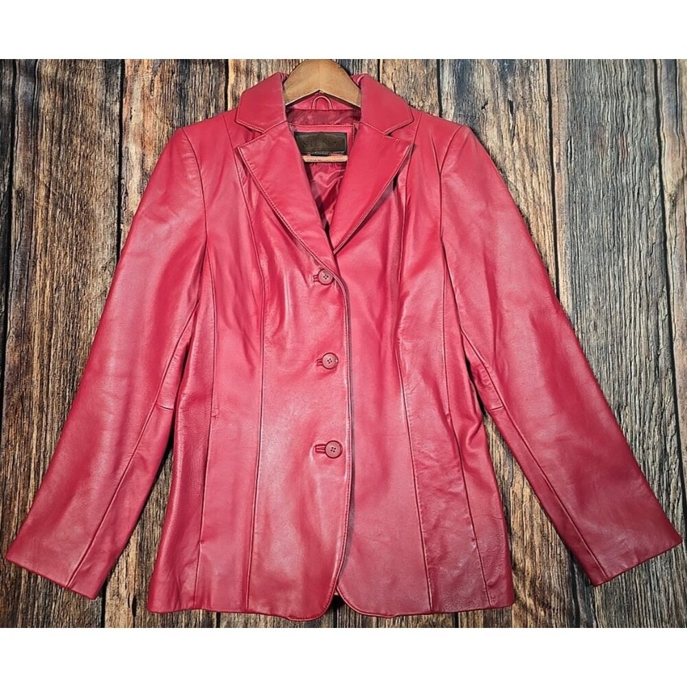 Siena Vtg Red Leather Blazer Button Front Collared Lined Jacket Retro Women's 4